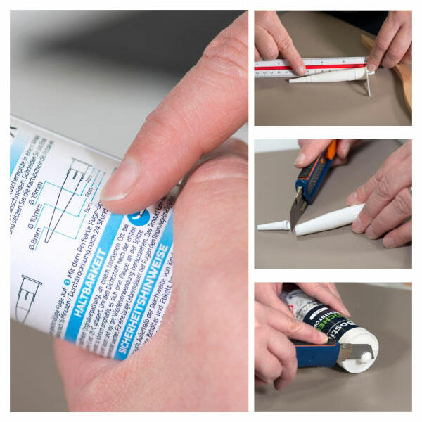 Герметик Bostik для кухні, пістолет для нанесення та засіб Perfecte Fuge на стільниці, готові до герметизації швів.