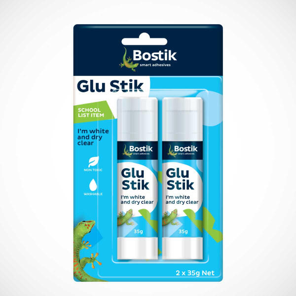 Front view a 3 pack Bostik Glu Stik  3x8 g showing the glue stick tube with grey cap and labeled with the Bostik logo against a plain white background