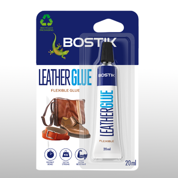 Bostik Leather Glue flexible adhesive 20ml in retail packaging, designed for repairing leather shoes, belts, and bags.