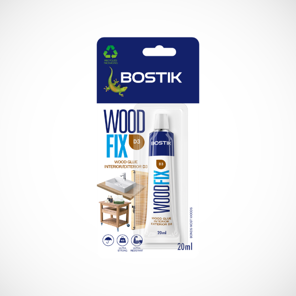 Bostik Wood Fix D3 wood glue in a 20 ml tube, labeled for high-moisture interior applications and showing illustrative uses like joinery and window frame repairs.