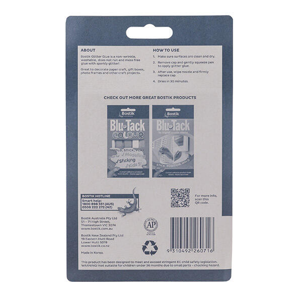 Back of Bostik Glitter Glue pack showing usage instructions, product details, and recommended applications.