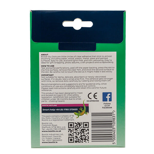 Back view of Bostik Removable Glu Dots pack showing usage instructions, product details, and recommended applications.
