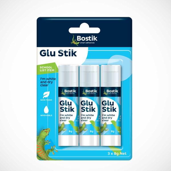 Front view a 3 pack Bostik Glu Stik  3x8 g showing the glue stick tube with grey cap and labeled with the Bostik logo against a plain white background