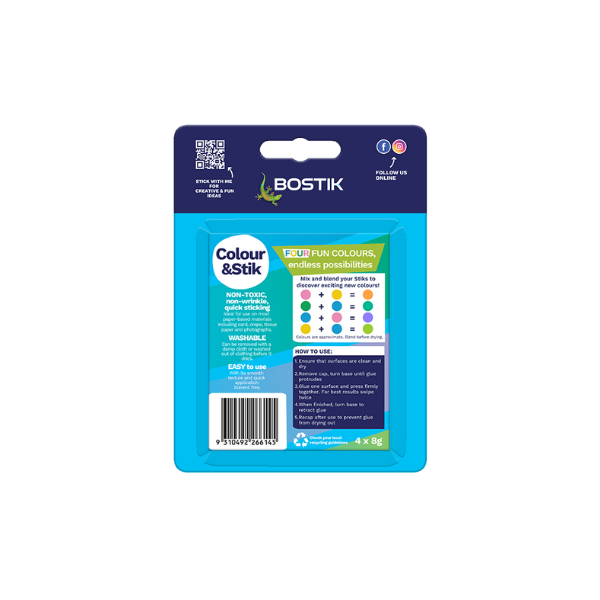Front packaging of Bostik Colour & Stik glue sticks set, containing four coloured glue sticks for creative DIY projects. 