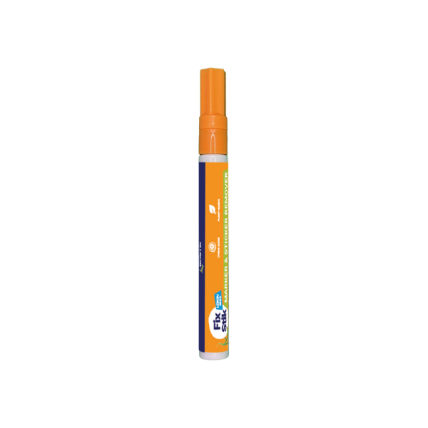 Close-up of the Bostik Fix & Stik Marker & Sticker Remover pen with orange cap, designed to remove marker stains and stickers easily.
