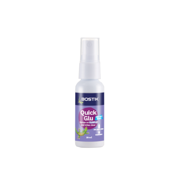 Close-up of Bostik Quick Glu in a 20ml spray bottle, labelled “Sprays on purple and dries clear,” ideal for fast fixes and crafting projects.