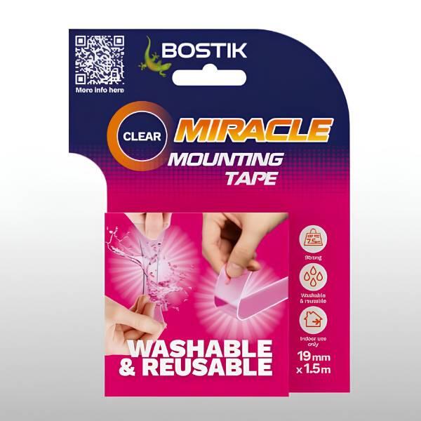 Bostik Miracle Mounting Tape packaging, labeled as clear, washable, reusable, 19mm x 1.5m, for DIY repairs.