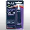 Packaging of Bostik Soft Plastics Clear Glue, 20ml, showcasing its ultra-strong, flexible bond for soft plastics with a PVC repair patch.