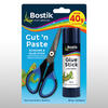 Packaging of Bostik Cut 'n Paste set with 93% bio-based Glue Stick and ergonomic blue-handled scissors