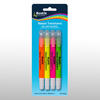 Front view of a Bostik Neon Twisters 4-pack, featuring orange, yellow, pink, and green retractable gel highlighters in blister packaging labeled as solvent-free and safe for kids.