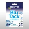 Packaging of Bostik Blu Tack White, highlighting its reusable, solvent-free adhesive for sticking and holding.