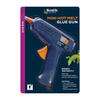 Blue and orange Bostik mini hot melt glue gun in retail packaging, featuring an easy-squeeze trigger for precise application and strong bonding in DIY and craft projects.