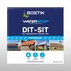Bostik Waterstop DIT-SIT self-adhesive butyl sealing tape packaging, showing product features such as waterproof, paintable, and heat-resistant up to 100°C, with application photos of rooftops, solar panels, and gutters.