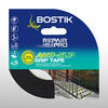 Bostik Anti-Slip Grip Tape in black and yellow, packaged with a roll of tape and a visual showing application on outdoor stairs for improved safety. The tape measures 5 metres by 48 millimetres and features a high-visibility striped pattern to reduce the risk of slips and falls in high-traffic areas.