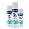 Three sizes of Bostik Glu Stik (35 g, 21 g, and 8 g) arranged side by side, showing the glue stick tubes with grey caps and labeled with the Bostik logo against a plain white background.