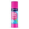A Bostik Pink Stik glue stick (35 g) with a neon pink cap and label reading “Pink Stik – I go on fluro and dry fluro” displayed against a white background.