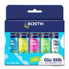 A 5-pack of Bostik Glu Stik glue sticks in assorted colours—blue, yellow, pink, green, and clear—arranged side by side in retail packaging labeled "Glu Stik – four fun colours to try."