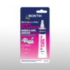 Bostik Soft Plastics Adhesive 25ml in blister packaging, designed for repairing rubber and vinyl items like inflatables, wetsuits, and raincoats. The pack highlights a waterproof, flexible, and fast-setting formula, and includes a free PVC repair patch. Vragen aan ChatGPT