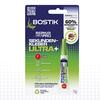 Verpackung des Bostik Sekundenkleber ULTRA+ mit Hinweis auf 60 % biobasierte Formel, flüssige Konsistenz und vielseitige Anwendung auf vielen Materialien.